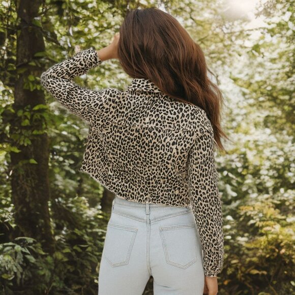 Pistola Naya Animal Print Cropped Jacket Leopard Raw Hem Oversized Classic Denim - Picture 4 of 14